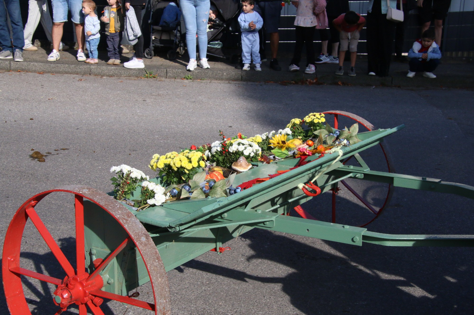 Blumengeschmückter Handwagen beim Erntedankzug Walheim 2026.