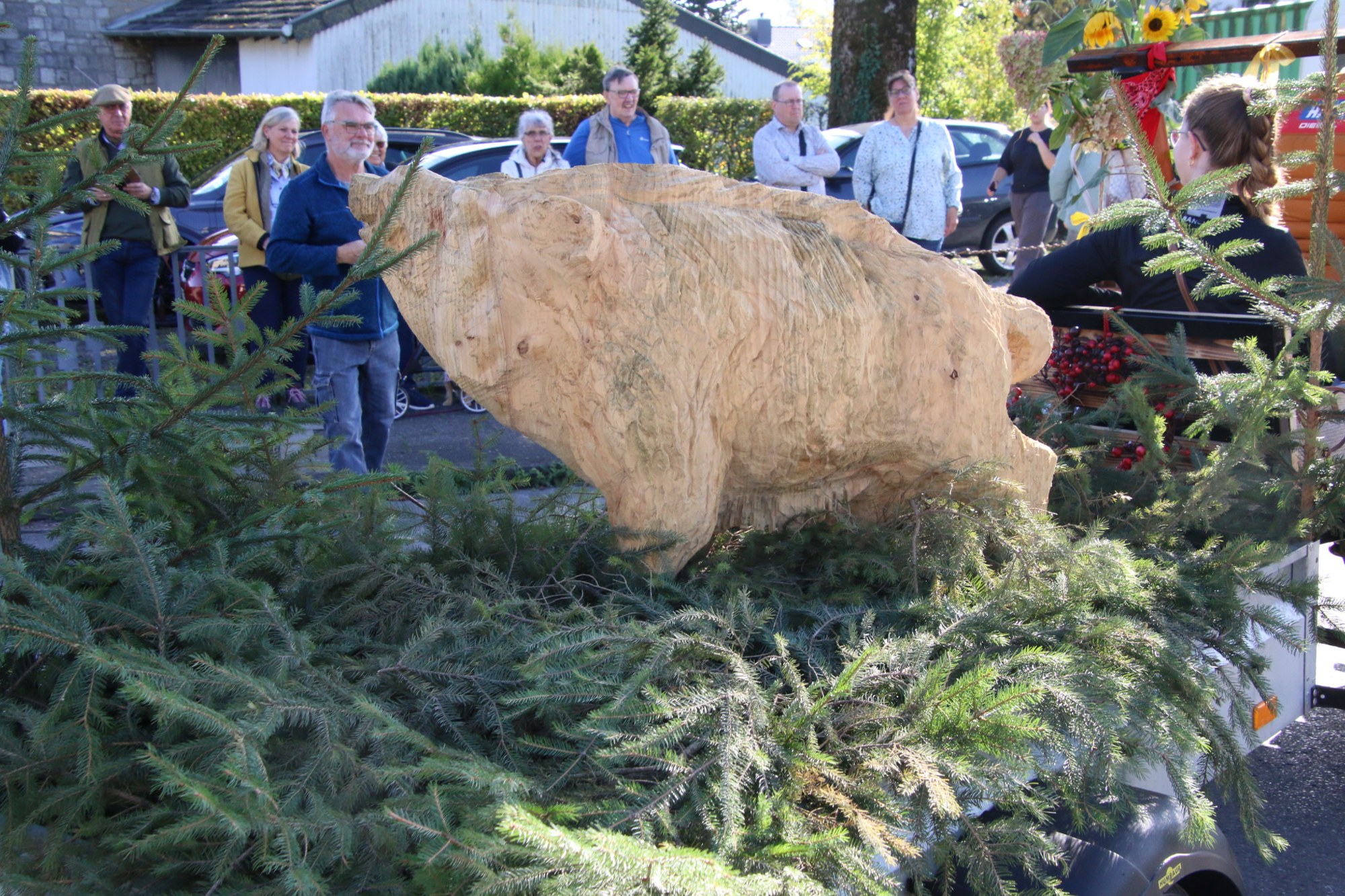 Holzscheibe und Tannenzweige auf einem Wagen beim Erntedankzug Walheim 2026.