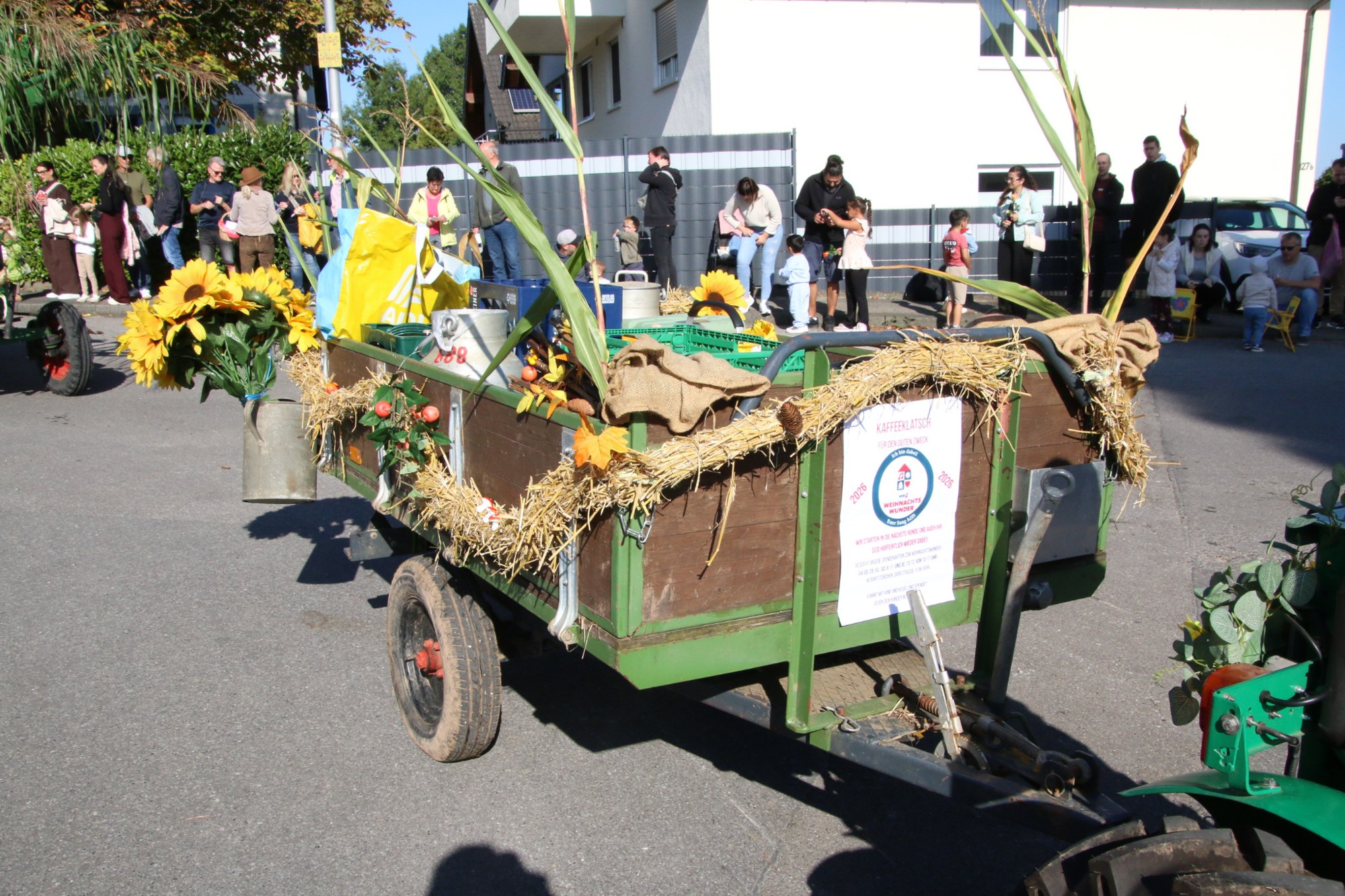 Erntewagen mit Mais und Sonnenblumen beim Erntedankzug Walheim 2026.