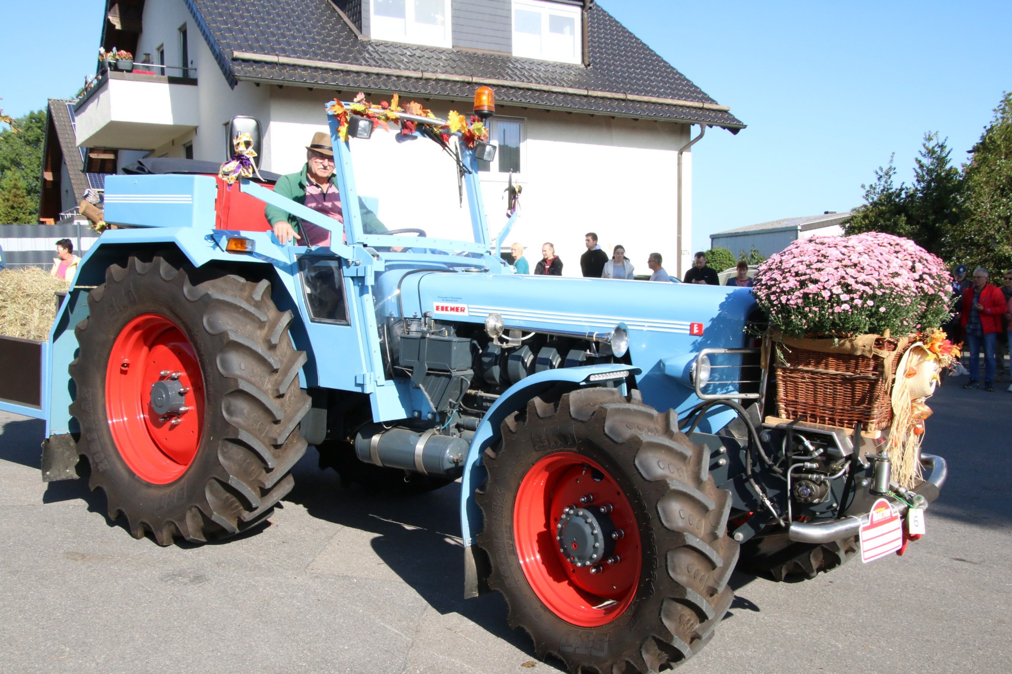 Blauer Traktor mit Chrysanthemen beim Erntedankzug Walheim 2026.