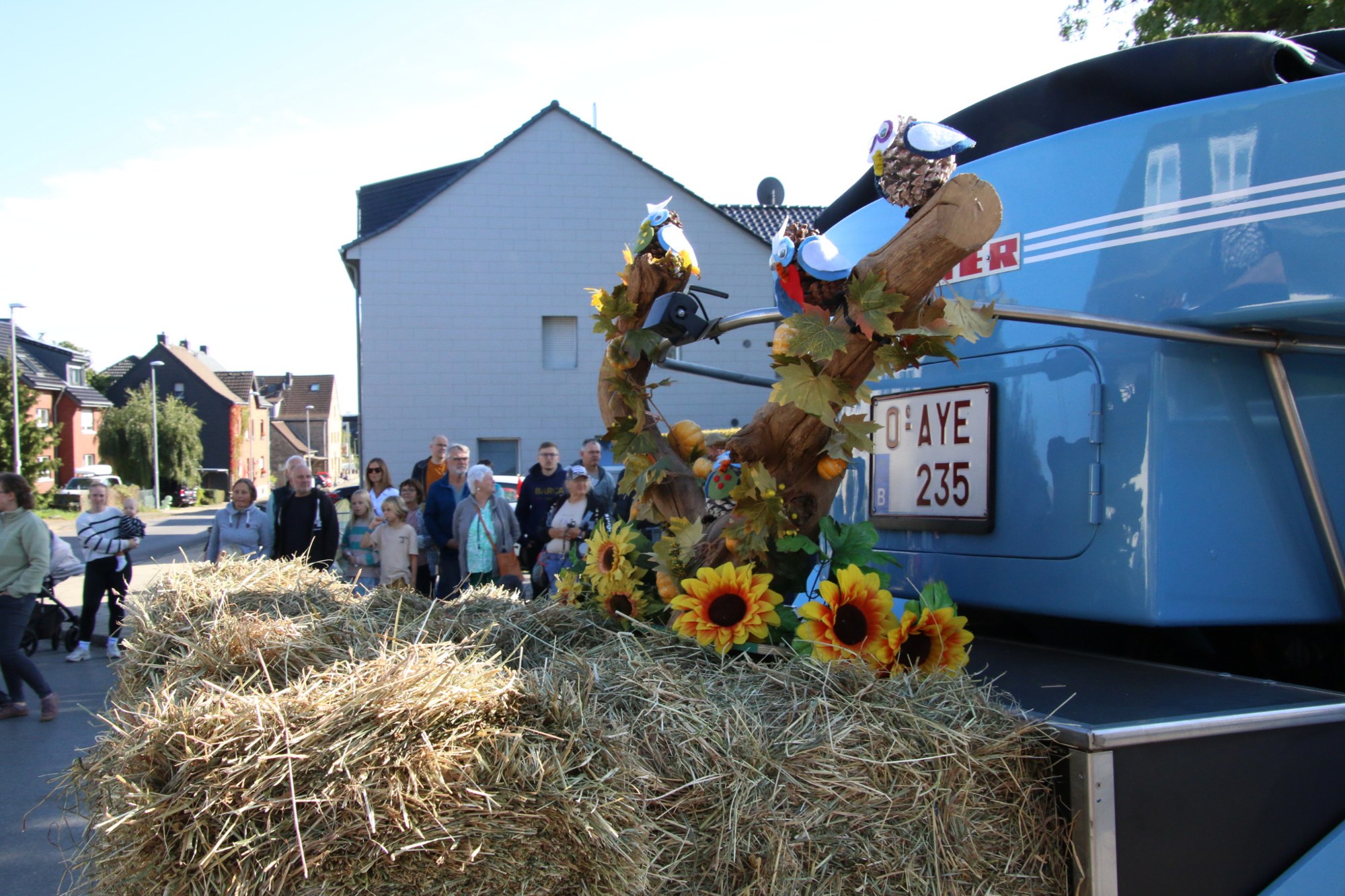 Stroh und Sonnenblumen auf einem Wagen beim Erntedankzug Walheim 2026.